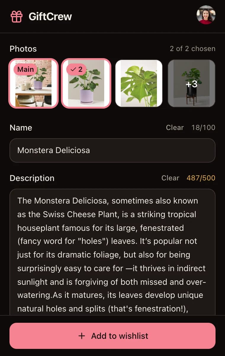 The GiftCrew extension panel for a Monstera plant: two of six product photos chosen, the first marked Main, with the name and description filled in above an Add to wishlist button.