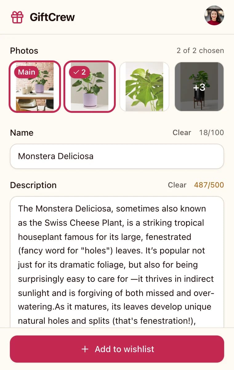 The GiftCrew extension panel for a Monstera plant: two of six product photos chosen, the first marked Main, with the name and description filled in above an Add to wishlist button.